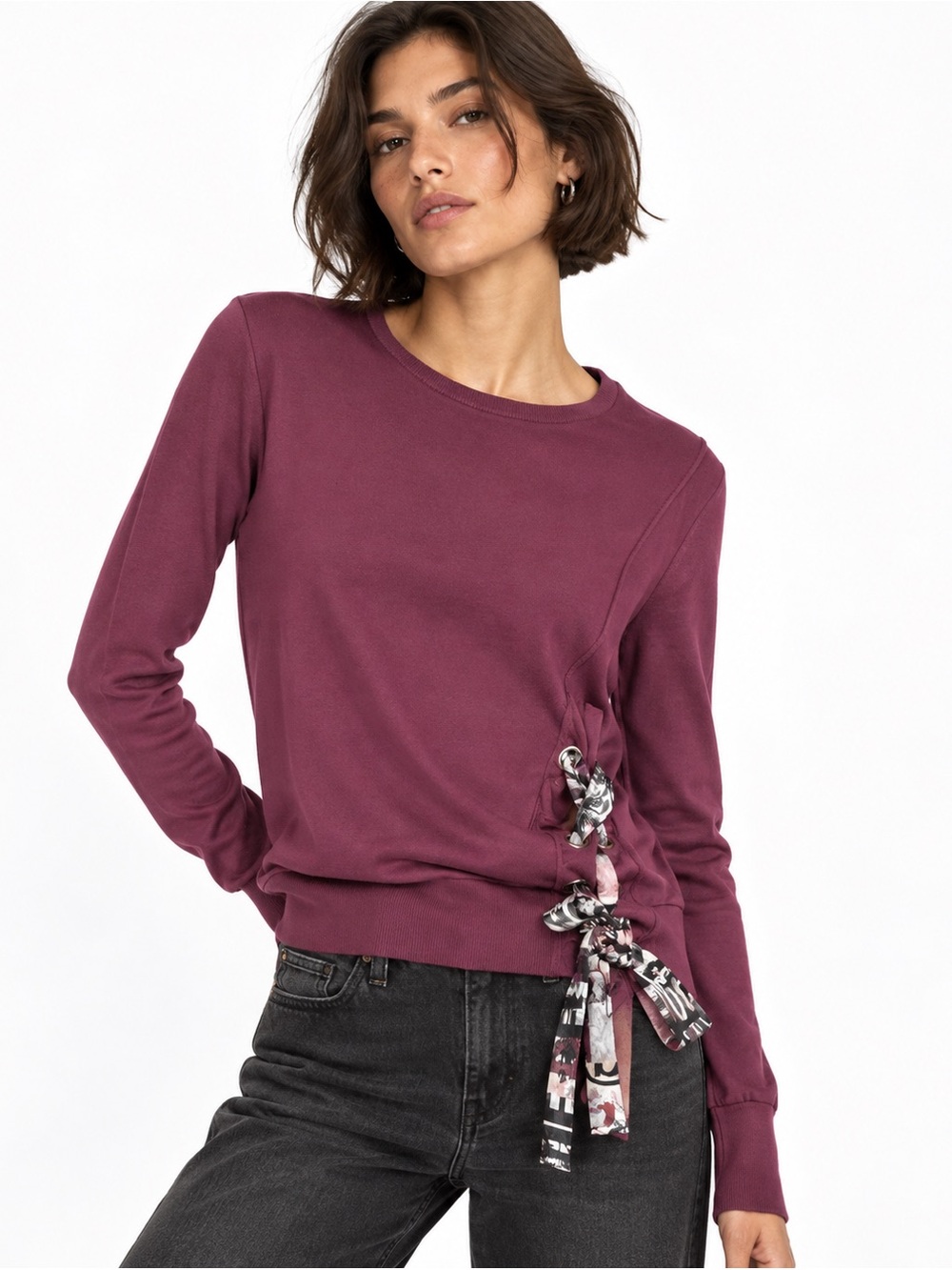 True Religion Womens Tie Side Sweatshirt Medium Burgundy Crewneck Y2K Streetwear